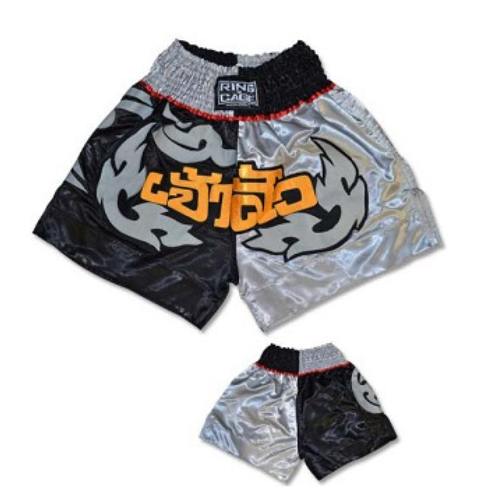 RING TO CAGE THAI SHORTS - Black/Silver/Gold