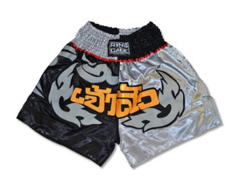 RING TO CAGE THAI SHORTS - Black/Silver/Gold