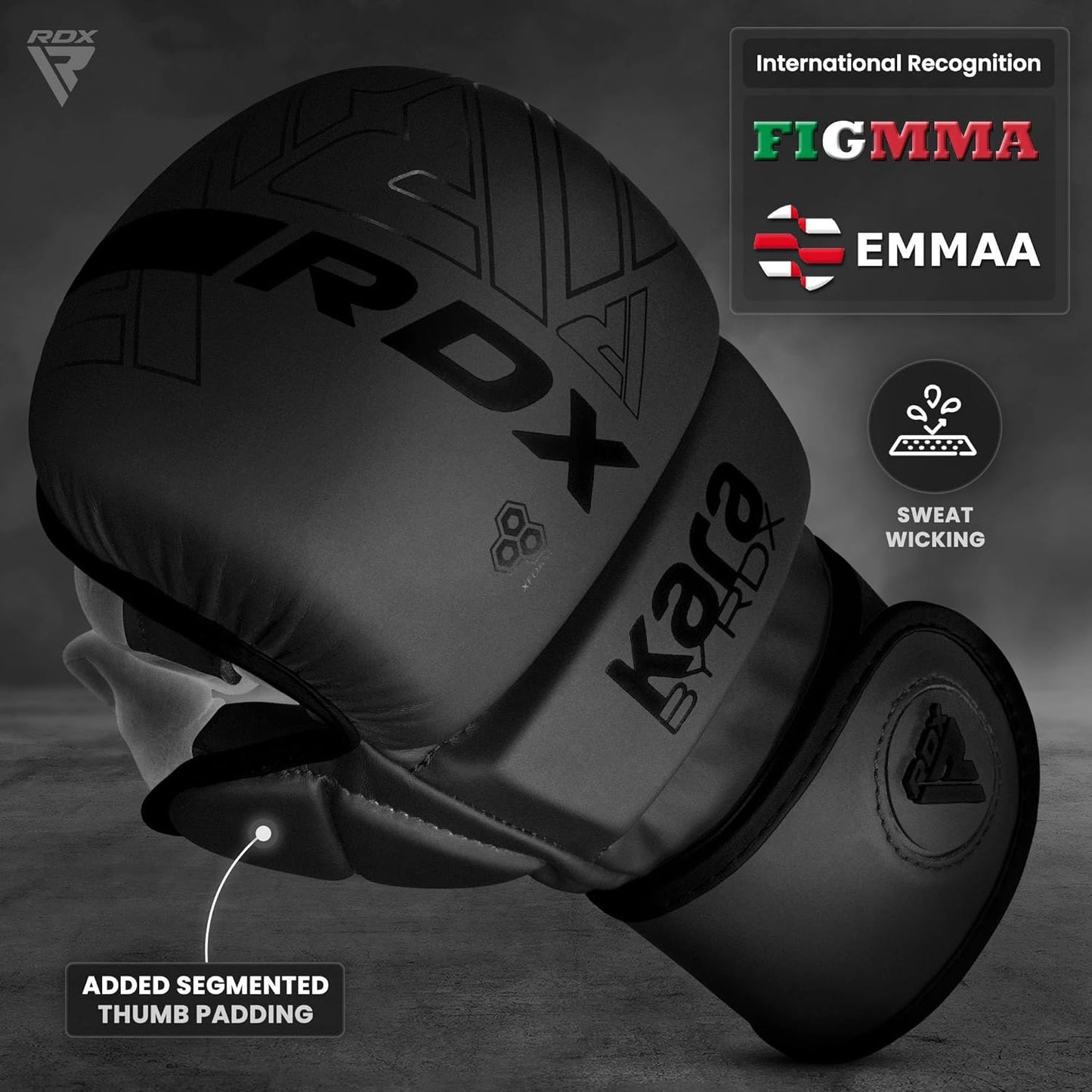 RDX F6 Kara MMA Sparring Gloves - 7oz - Black/Black