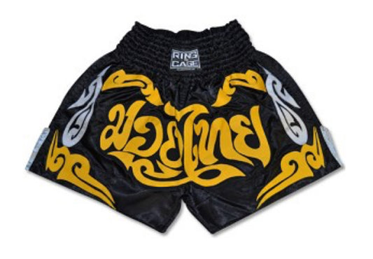 RING TO CAGE THAI SHORTS - Black/Gold/Silver