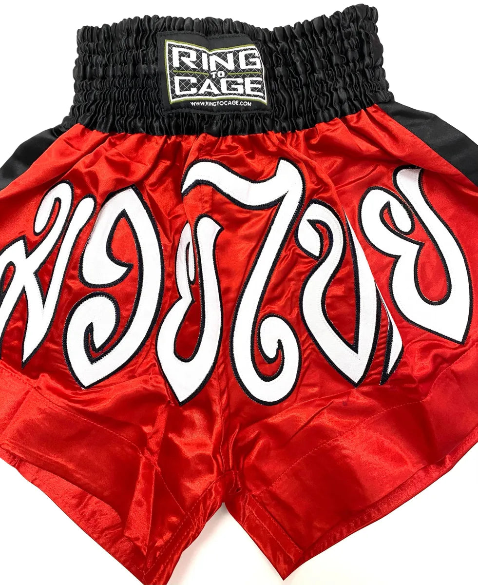 RING TO CAGE THAI SHORTS - Red w/Black Stripe