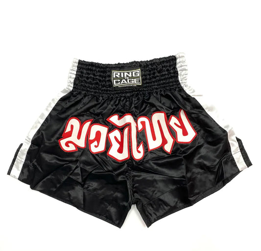 RING TO CAGE THAI SHORTS - Black w/White Stripe